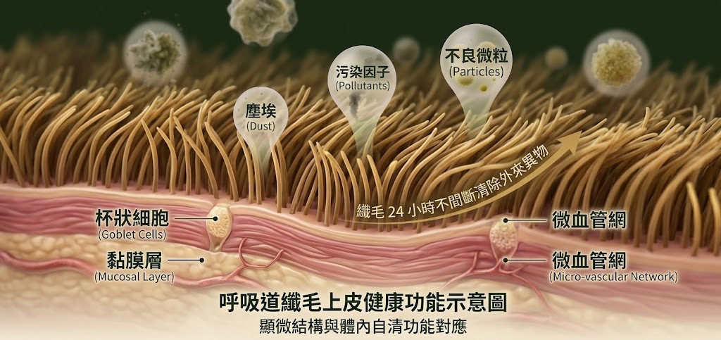 呼吸道纖毛上皮健康功能示意圖：纖毛24小時不間斷清除塵埃、污染因子與不良微粒，搭配黏膜層與微血管網運作